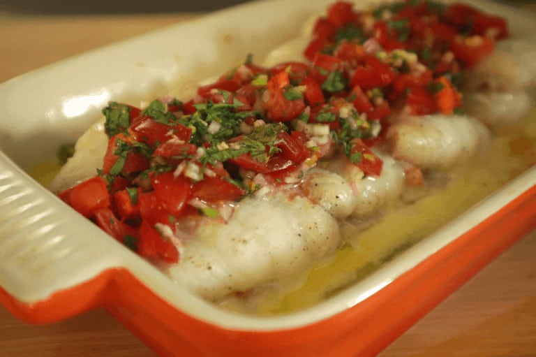 Baked sole fish with baby leek