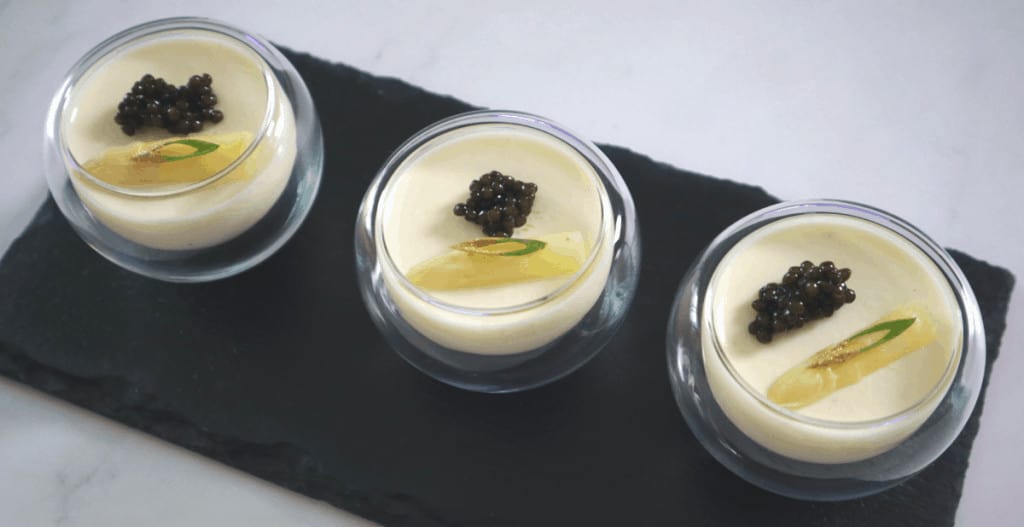 white asparagus panna cotta with oscietra caviar