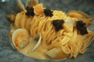 Linguine with seafood and caviar