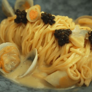 Linguine with seafood and caviar