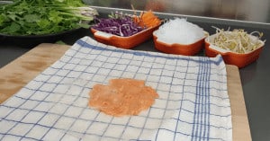 add smoked salmon on the rice paper