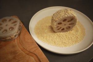 rolling lotus root sandwich in sesame