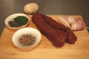 all ingredients for deer wrapped in bacon