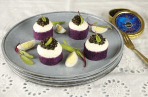 purple potato stack with chantilly and caviar