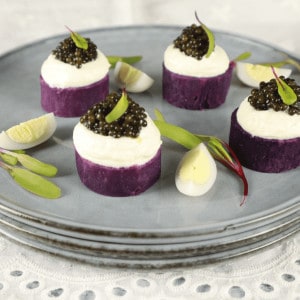 purple potato stack with chantilly and caviar