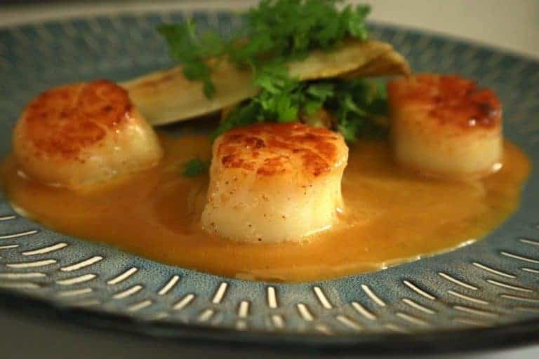 Pan seared scallops with orange butter sauce and Endives
