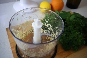 chopping garlic in a food processor