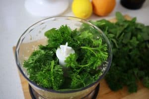 mixing herbs for gremolata