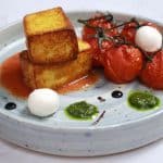 Pan-fried Polenta with Roasted Tomatoes and Mozzarella Pearls 