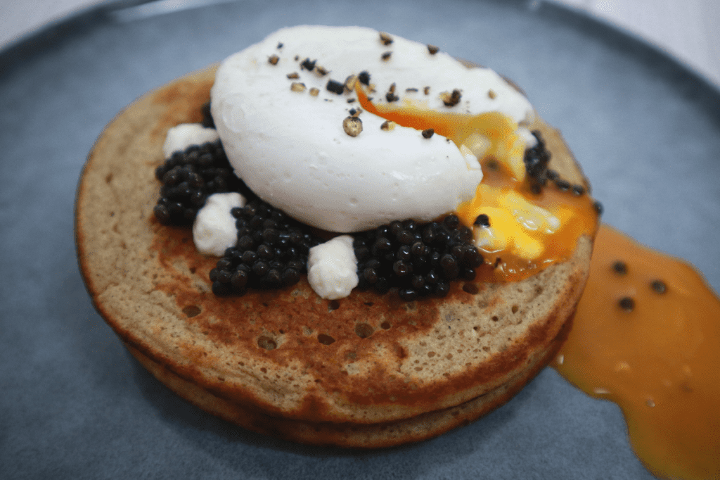 blinis with poached egg