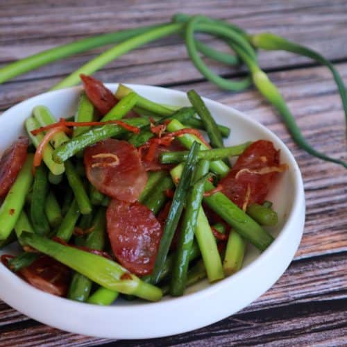 garlic scapes with sausages