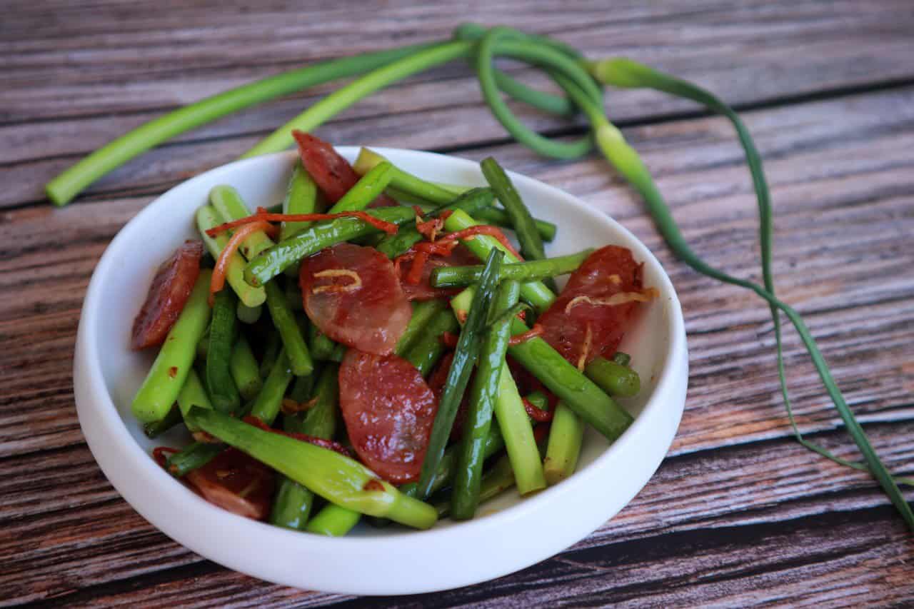 Stir Fried Garlic Scapes with Chinese Sausage Culinary Ambition