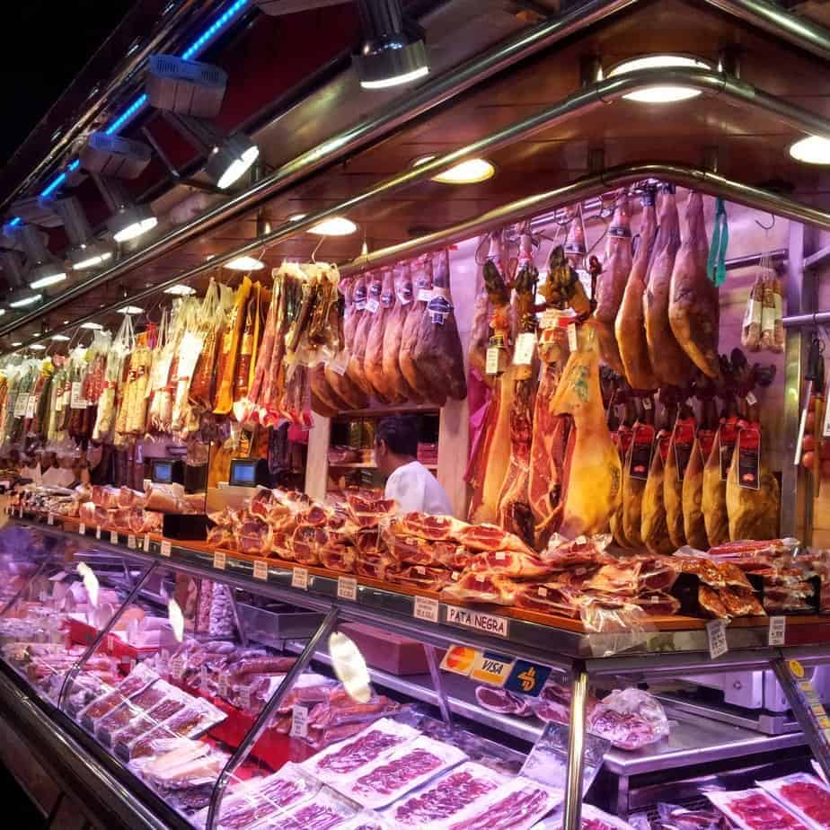 Spain - local markets with jamon (ham)