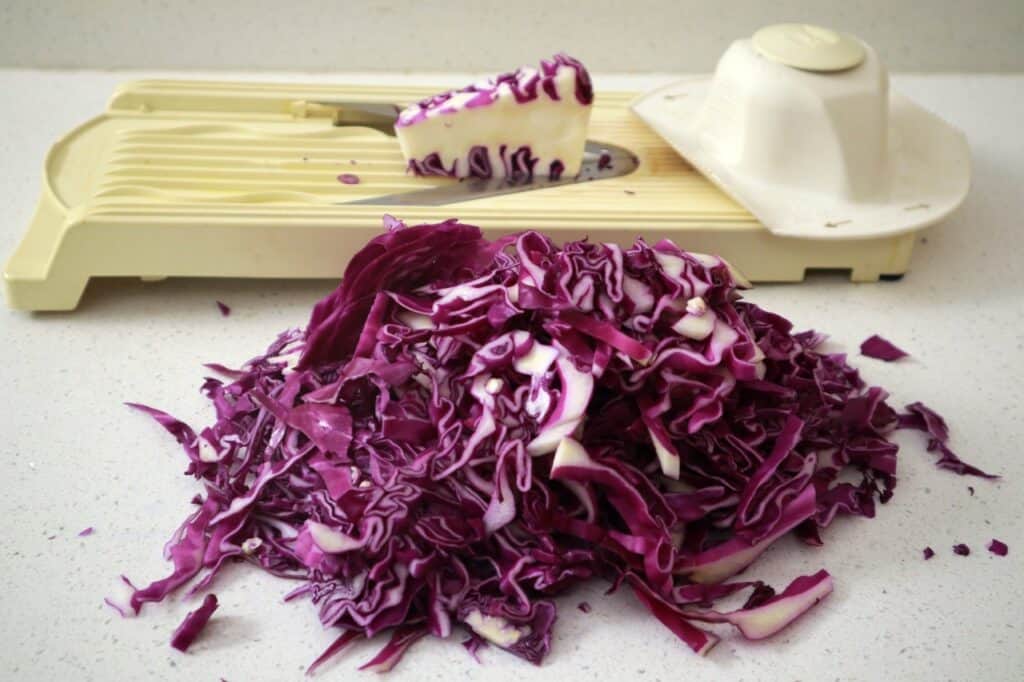 red cabbage cut with a mandoline