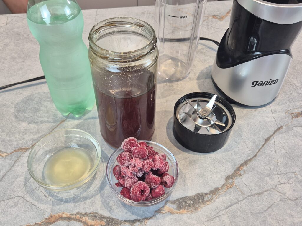 A refreshing raspberry slush made with frozen fruits.